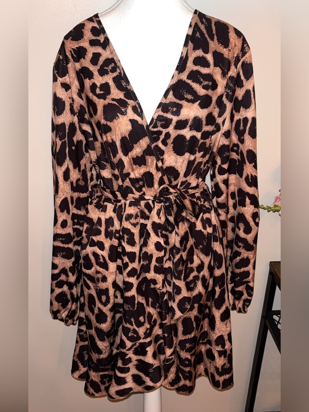 Leopard Print Wrap Midi Dress - Brown/Black